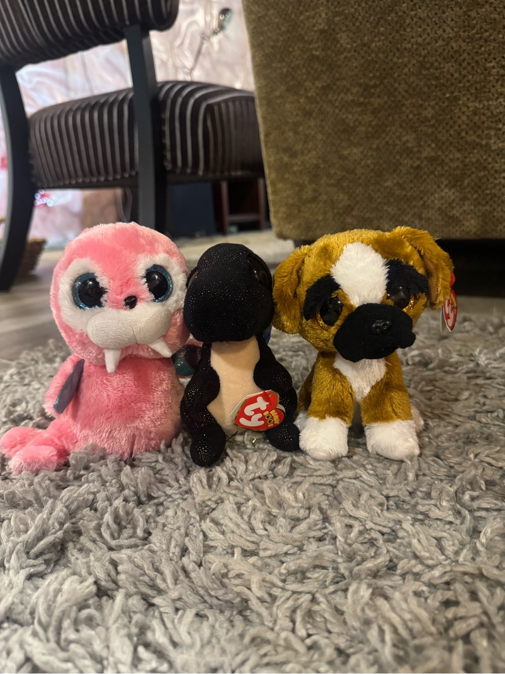 TY Pink Walrus, Black Sparkle Dinosaur & Brown Puppy Beanie Boo Set